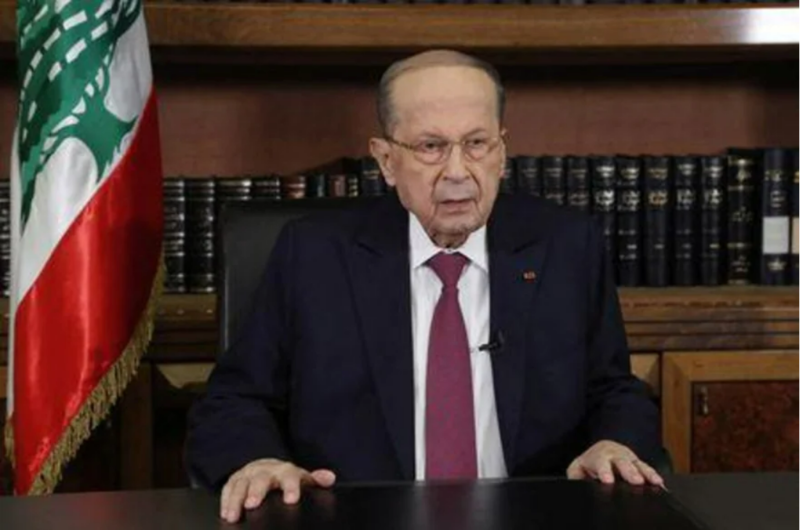 Lebanon's President Michel Aoun is pictured as he delivers a televised speech at the presidential palace in Baabda, Lebanon December 27, 2021. Dalati Nohra/Handout via REUTERS