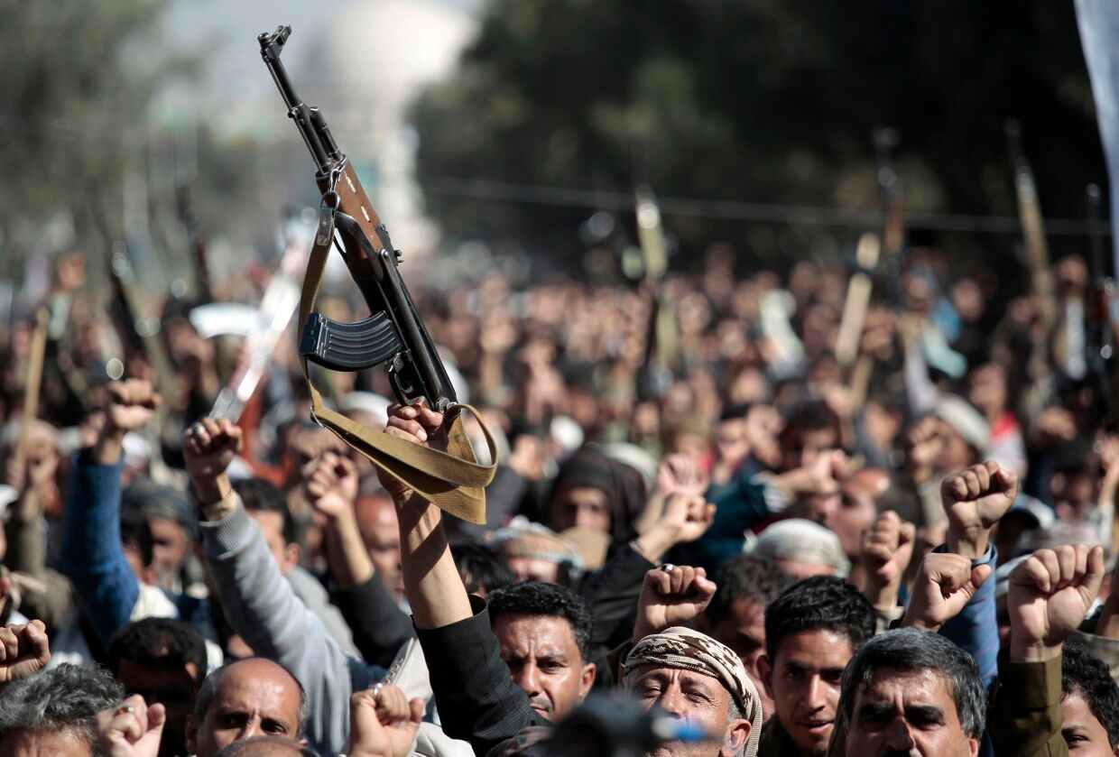 Houthi supporters protest against the United States over its decision to designate the Houthi rebels movement as a foreign terrorist organization in Sanaa, Yemen, on Jan 18, 2021.Hani Al-Ansi / dpa/picture alliance via Getty Images file